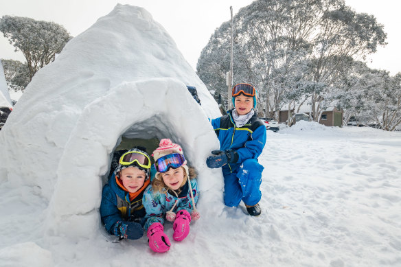 Bright residents Jarvis, Elsie and Ari Fenton enjoy the snow at Dinner Plains. 