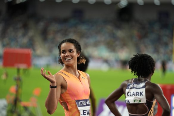 Torrie Lewis reacts after her win in the Diamond League.