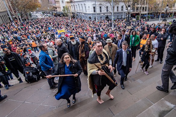Travis Lovett arrives at the state parliament after his 500-kilometre walk across western Victoria in June this year.