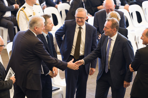 Labor frontbenchers Tony Burke, Jason Clare, Opposition Leader Anthony Albanese and former prime minister Tony Abbott attend St Charbel’s Monastery Good Friday Liturgy in Punchbowl, NSW.