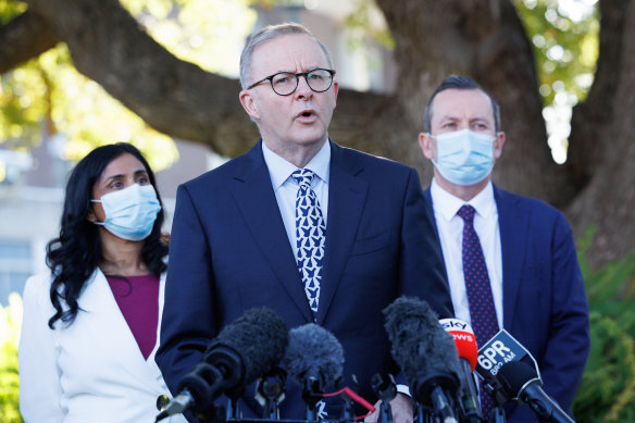 Labor leader Anthony Albanese speaking at a press conference in Perth. 