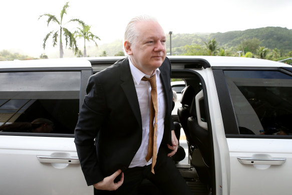 Julian Assange arrives at the US District Court in Saipan for his historic plea deal hearing.