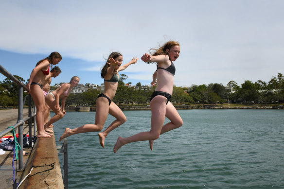 Friends cooling off at Mort Bay, Sydney Harbour.