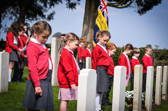 Students from Leighterton Primary School pay their respects every year to the Anzacs who died near their village a century ago.