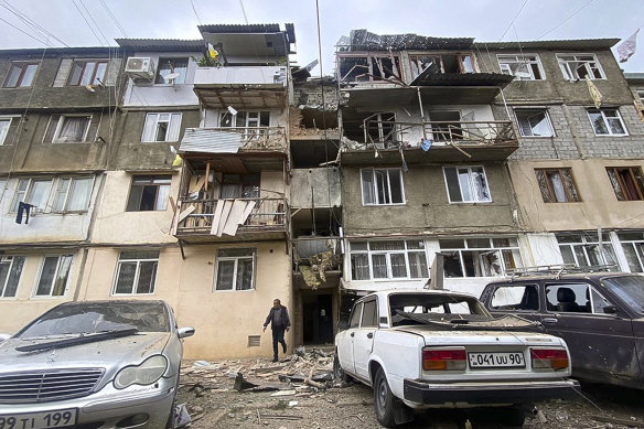 An apartment block damaged during shelling in Stepanakert, Nagorno-Karabakh on Tuesday.