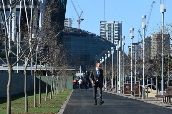 Planning and Public Spaces Minister Rob Stokes paces the tree-lined walkway at Barangaroo.