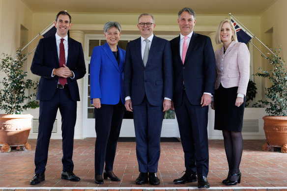 From left: Treasurer Jim Chalmers, Minister for Foreign Affairs Penny Wong, Prime Minister Anthony Albanese, Deputy Prime Minister Richard Marles and Finance Minister Katy Gallagher after their swearing-in ceremony. 
