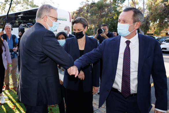 Opposition Leader Anthony Albanese greeting WA Premier Mark McGowan earlier today. 