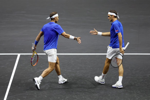 Roger and Rafa on court during the Laver Cup.