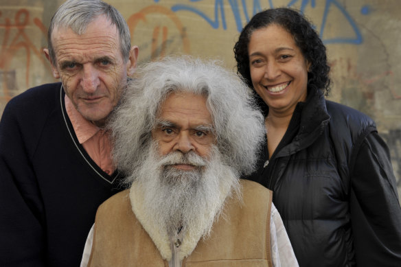 Rachael Maza (right) directed Jack Charles in the play Jack Charles v the Crown in 2010. They are pictured with playwright John Romeril.