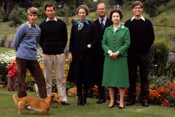 Hosts with the most: (from left) Prince Edward, Prince Charles, Princess Anne, Prince Philip, Queen Elizabeth II and Prince Andrew at their Balmoral estate in 1979. 