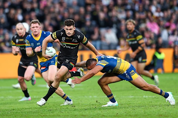 Nathan Cleary takes on the Eels defence.