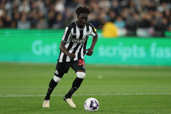 Garang Kuol of Newcastle takes a penalty.