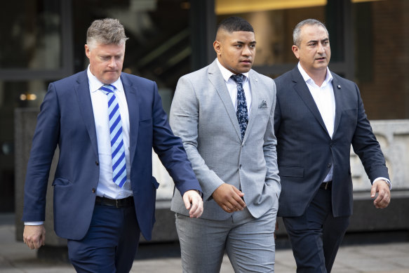 Manase Fainu (centre) was sentenced at Parramatta District Court, after being found guilty of stabbing a Mormon youth leader in 2019.