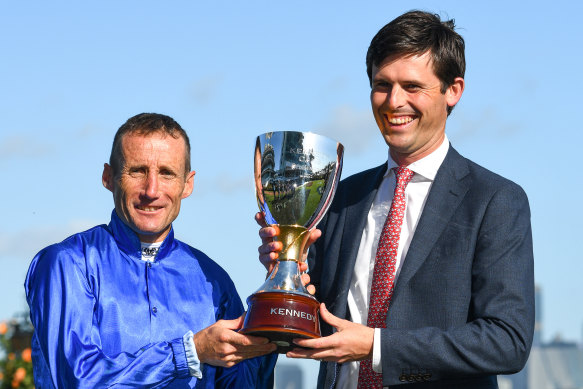 Damien Oliver and trainer James Cummings after the win.