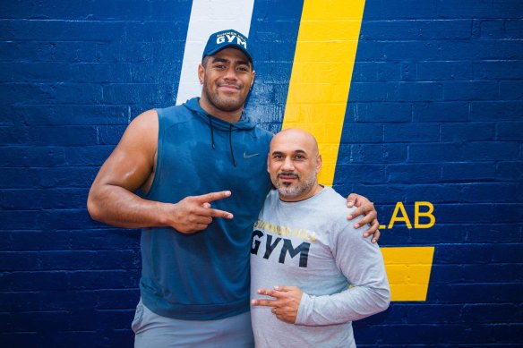 Jordan Mailata training at the Summer Hill Gym during his Philadelphia off-season with his old Bankstown Bulls coach Richard Kariouz.