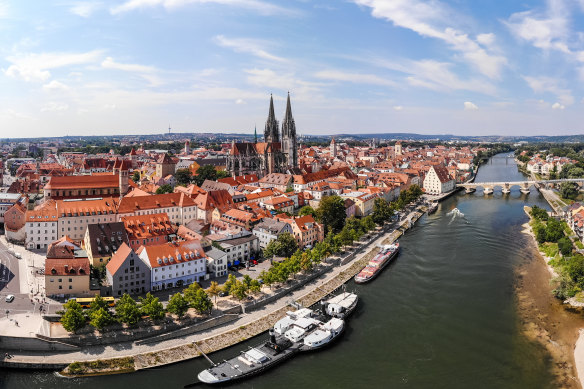 Cruising along the Danube through Regensburg.