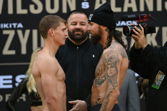 Nikita Tszyu and Jack Brubaker at the weigh-in ahead of their fight at the Hordern Pavilion. 