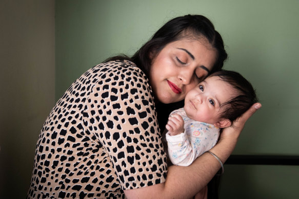 Jagwinder Kaur with her baby Gurmehar in her Sydney home.