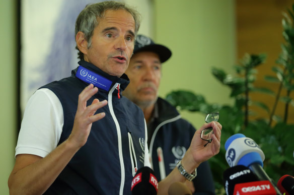 International Atomic Energy Agency Director General Rafael Grossi speaks to the media at Vienna International Airport upon his return from inspecting the Zaporizhzhia nuclear power plant on September in Schwechat, Austria. 