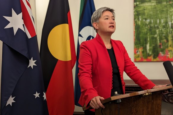 Foreign Minister Penny Wong at the Australian High Commission in London on Tuesday.