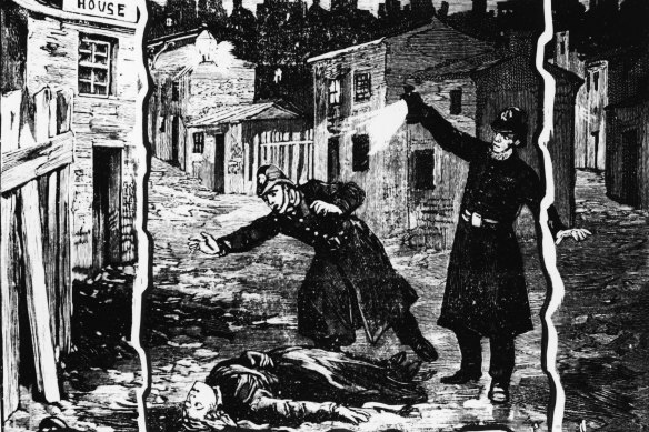 Illustration showing police discovering the body of one of Jack the Ripper’s victims in London, late September 1888.