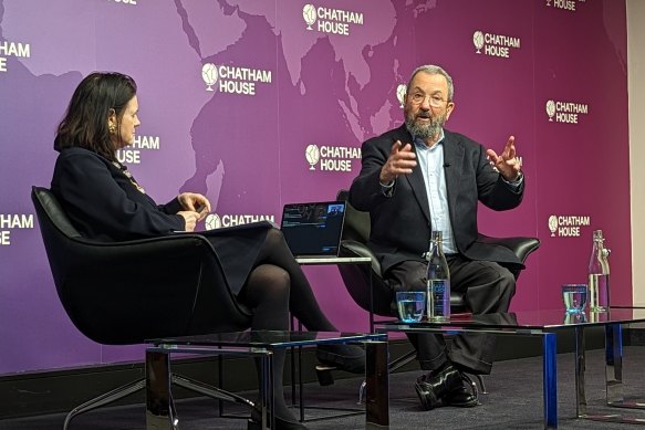 Former Israeli prime minister Ehud Barak speaking at Chatham House think tank in London on Monday.