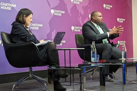 British shadow foreign secretary David Lammy (right) speaks at the London-based foreign policy think tank Chatham House on Tuesday.