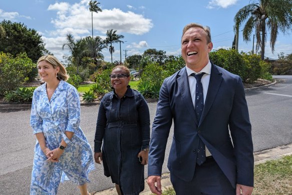 Premier Steven Miles campaigns in Cairns with local Labor backbencher Cynthia Lui (centre) and Health Minister Shannon Fentiman (left).