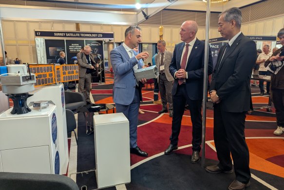 Head of the Australian Space Agency Enrico Palermo shares some of the state’s newest scientific space innovations with Science Minister Stephen Dawson and Japanese Space Agency president Hiroshi Yamakawa.