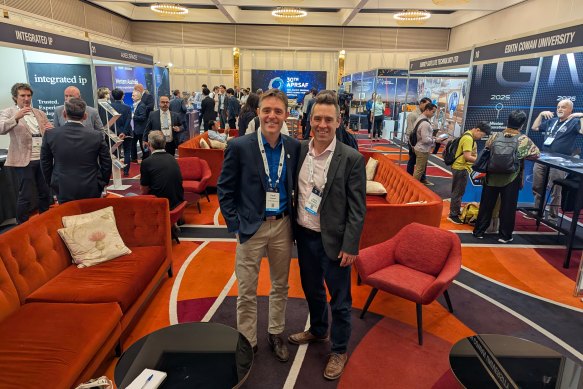 UWA International Space Centre director Danail Obreschkow and space centre researcher Sascha Schediwy proudly show off the state’s best at the 30th Indo-Pacific Space and Earth Conference.