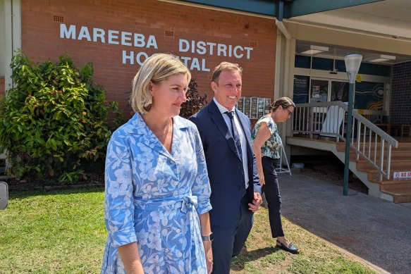 Premier Steven Miles at the Mareeba District Hospital with Health Minister Shannon Fentiman during the state election campaign on Thursday.