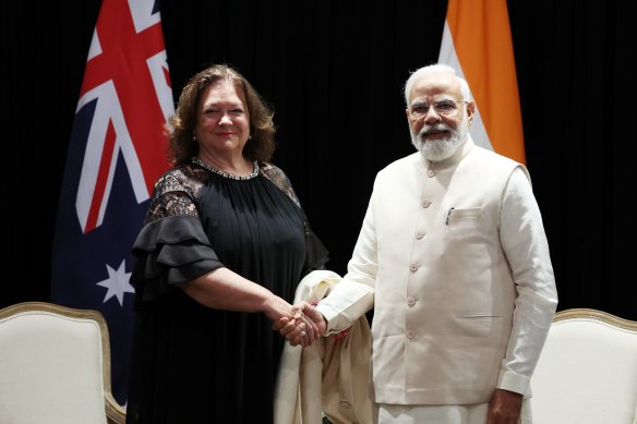 Gina Rinehart with Indian Prime Minister Narendra in Sydney on Tuesday.