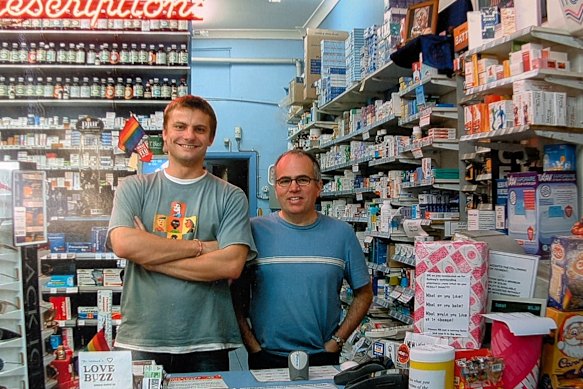 Greg Johnston and Rafal Hechmann at Sharpe’s Pharmacy on Oxford Street, Darlinghurst c. 2003.