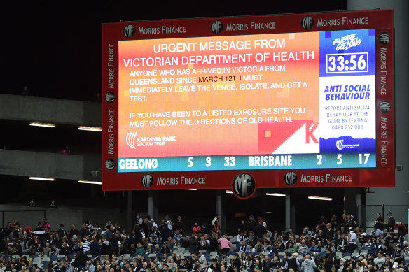 An “urgent health warning” was shown on the screen during the round two match between the Cats and the Lions.