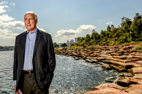 Former prime minister Paul Keating on the sandstone wall of the public foreshore in Headland Park Barangaroo in 2015.