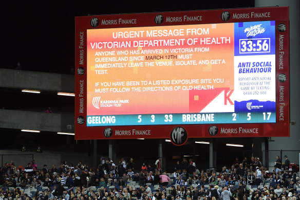 An “urgent health warning’ was shown on the screen during the round two match between the Cats and the Lions.