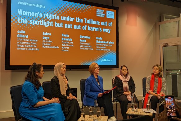 Left to right: Human rights lawyer Paula Kweskin, activist Sveto Muhammad Ishoq, former Australian prime Minister Julia Gillard, journalist Zahra Joya, and chief correspondent Christina Lamb.