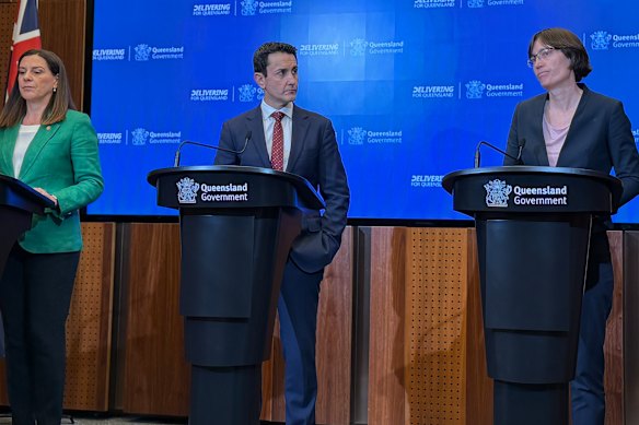 Attorney-General Deb Frecklington, Premier David Crisafulli and Dr Kirsty Wright at the announcement of a report into the forensic testing lab.