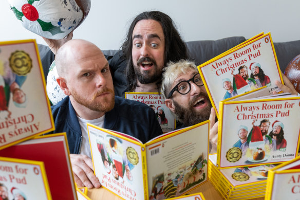 Comedy group Aunty Donna (L-R) Broden Kelly, Zachary Ruane and Mark Bonanno ahead of the release of their picture book, Always Room for Christmas Pud.