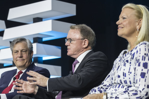 Westpac CEO Brian Hartzer, Woodside CEO Peter Coleman and IBM CEO Ginni Rometty discuss AI at the IBM Cloud Innovation Exchange in Sydney on Tuesday.