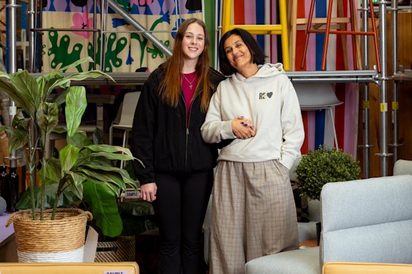 Eva, left, in ReLove’s Sydney 
warehouse, with co–founder Ren Fernando.