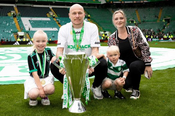 Aaron Mooy, his wife Nicola and their children Skylar and Maximillian celebrate Celtic’s 2022-23 title win.