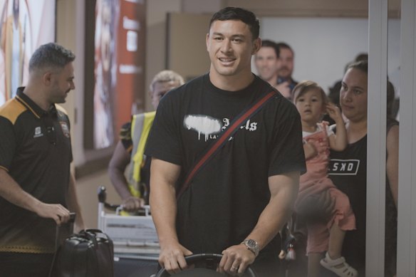 Former Rooster Joey Manu and his family - pictured at Port Moresby airport - toured the Chiefs facilities last month.