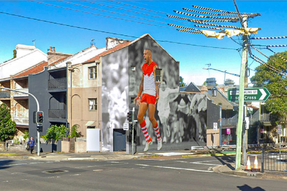 Artist impression of the Lance Franklin mural which would be painted on the wall of 485 South Dowling Street, Surry Hills.