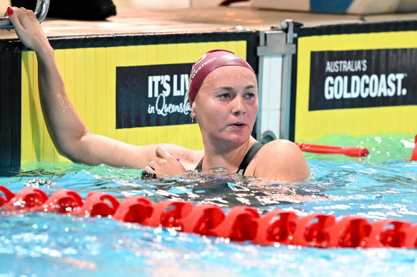 Ariarne Titmus after winning her 800m event at the Australian Swimming Championships on Monday. 