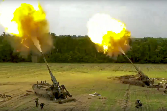 Russian Malka artillery systems fire from an undisclosed location in Ukraine.