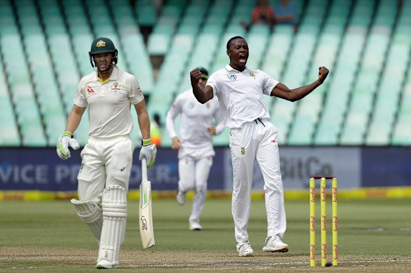 Kagiso Rabada celebrates dismissing Tim Paine in 2018.