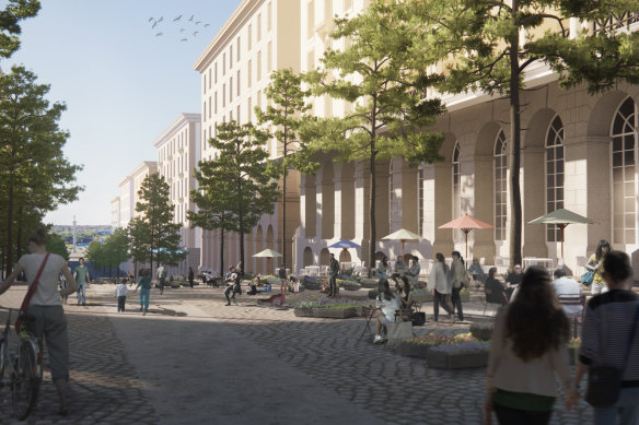 In addition to the main building, the architects also reimagined Palmer Street as a pedestrian boulevard leading to a new public plaza.