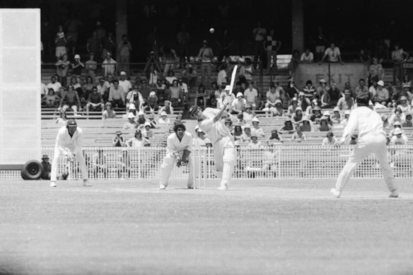 John Benaud hits out on his way to a Test century at the MCG in 1973.